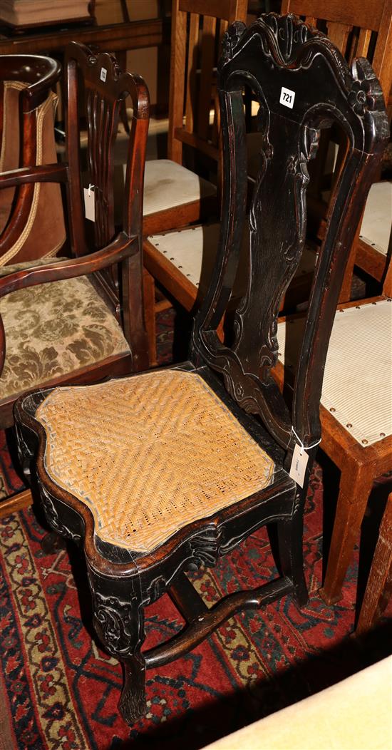 Carolean-style high-back chair with scrolled cresting rail, block supports and stretchers